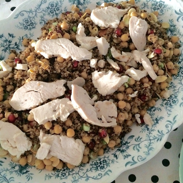 Quinoa salad, with pomegranate, chicken and toasted flaked almonds
