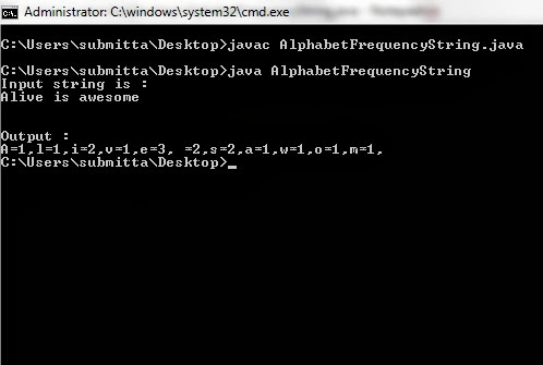 count total number of times each alphabet appears in the string java program