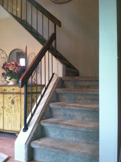 staircase before and after - old railing and carpet steps. new jersey, nj staircase renewal - read oak railing and steps and wrought iron spindles. new jersey, nj