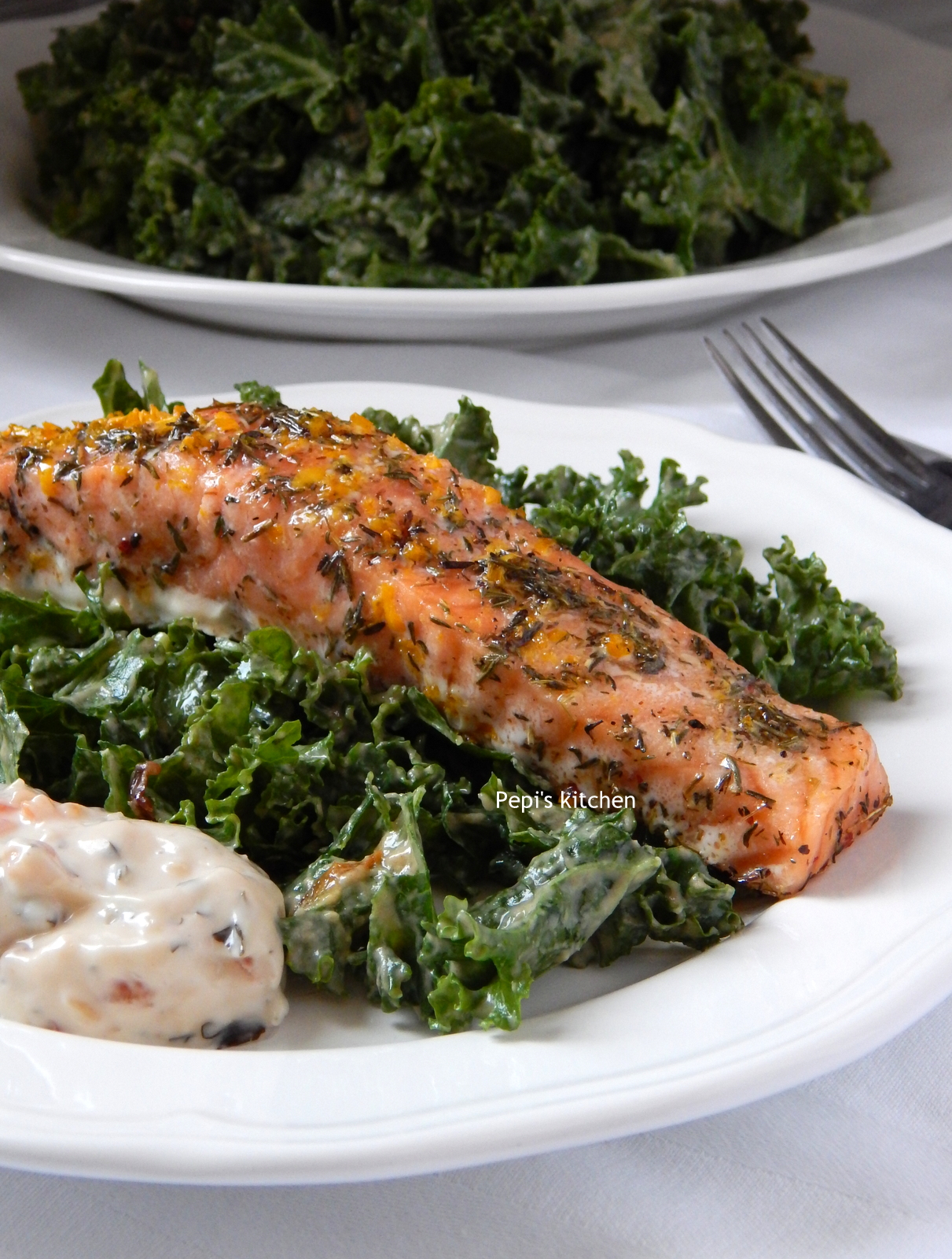 Pepi's kitchen in english Baked Salmon with Kale Salad and Sesame Oil
