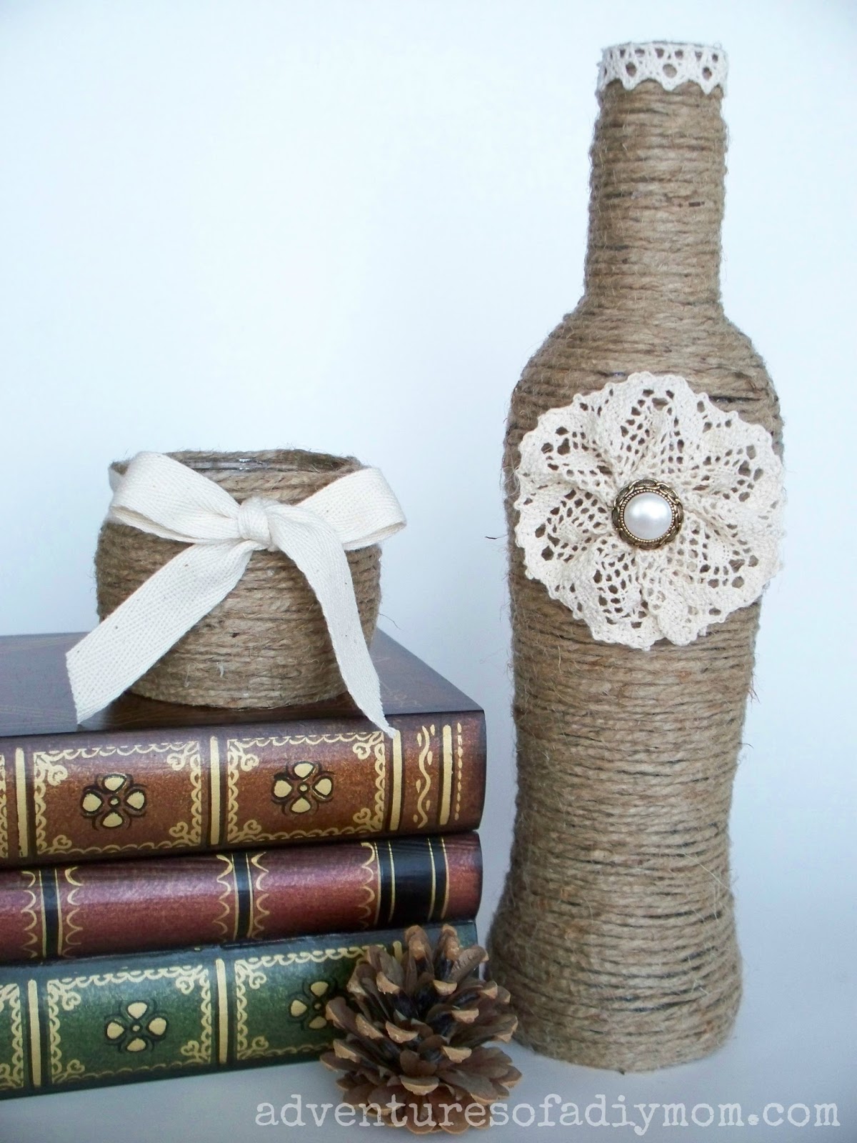 Twine Wrapped Jar with Lace Flower Adventures of a DIY Mom