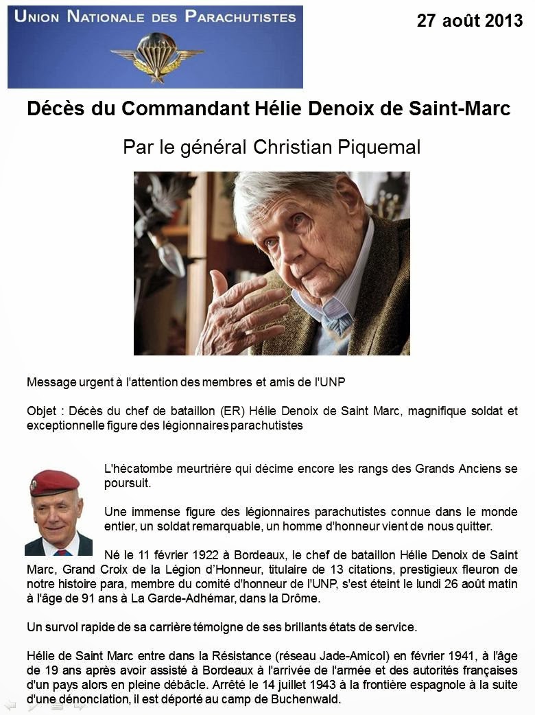 Hélie Denoix de Saint Marc Hommage du général Piquemal