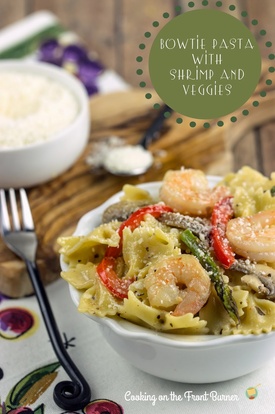 Bowtie Pasta with Shrimp and Veggies Cooking on the Front Burner