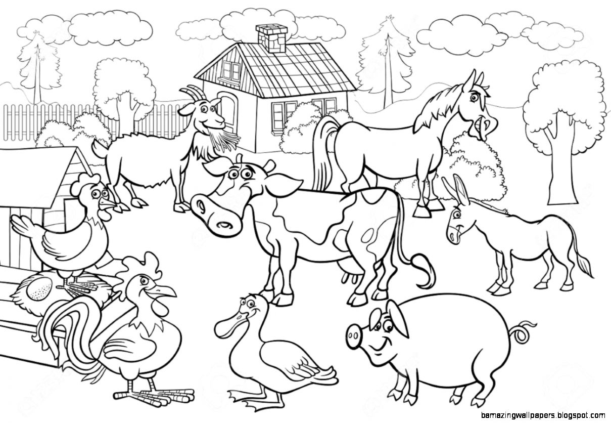 Black And White Cartoon Illustration Of Rural Scene With Farm Black And White Cartoon Illustration Of Rural Scene With Farm