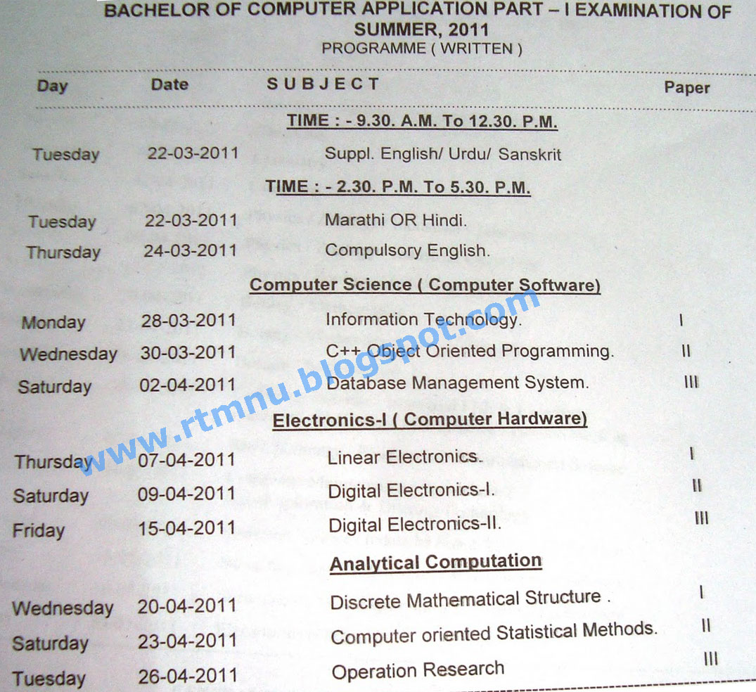 Nagpur University's Home.. BCA RTMNU TIME TABLE 2011 Exam Time Table