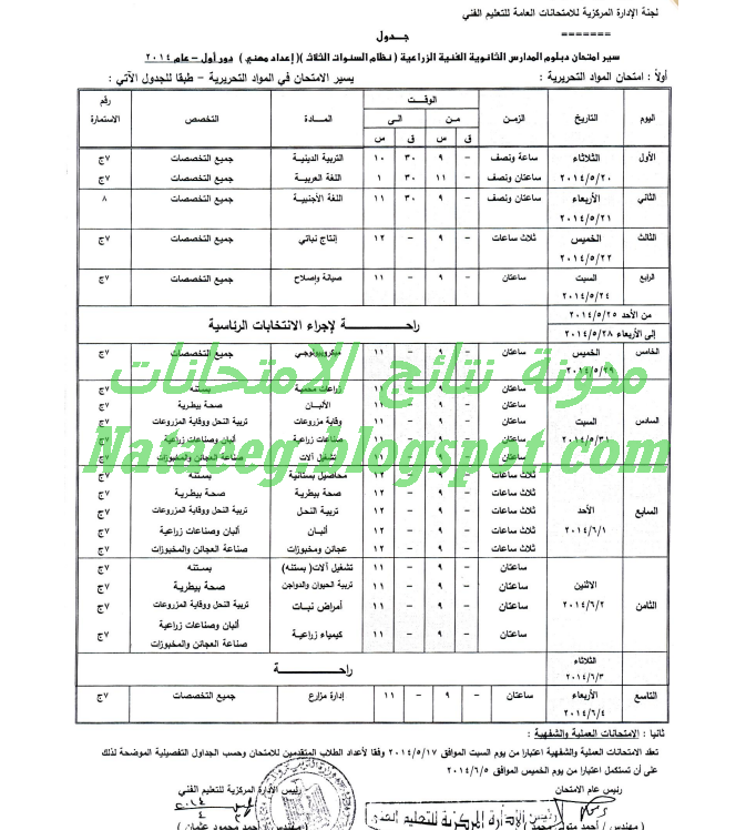 جدول امتحانات الدبلومات الزراعية لعام 2014 أخر العام - نظام الثلاث سنوات والخمس سنوات