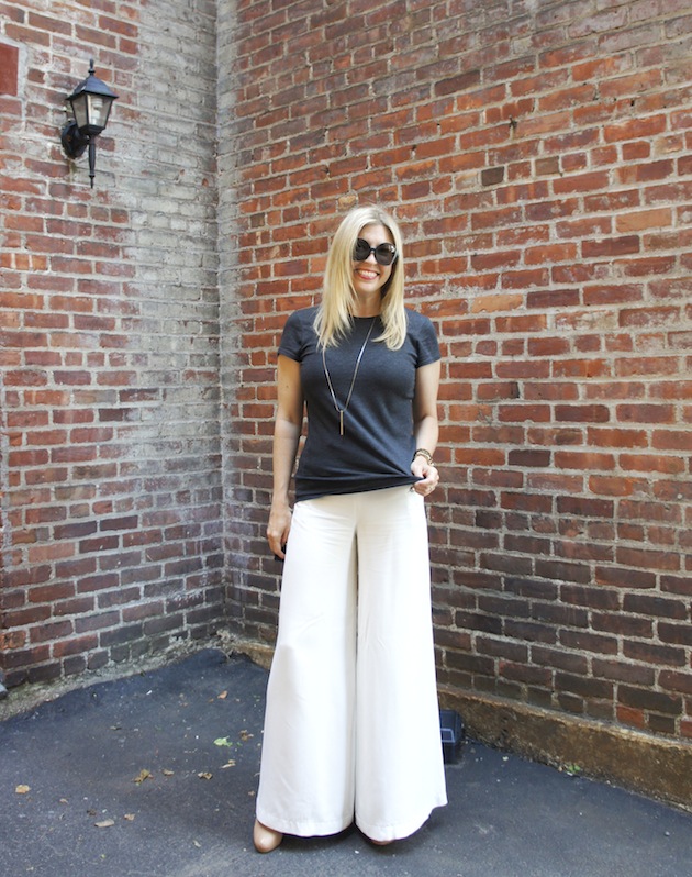 white palazzo pants, vince tee, gold bar necklace, Kate Spade Saturday sunglasses