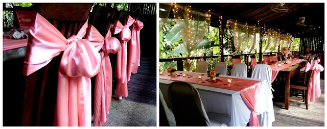 Wedding Decoration Malaysia, Subak Restaurant, Chinese, reception table, chair tie back, fairy lights, cake cutting table, bride and groom table, elegant pink, jalan penchala indah