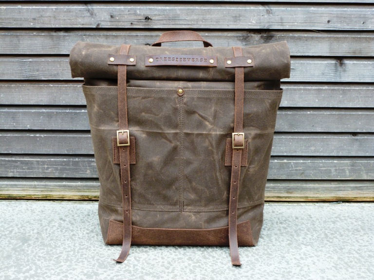 treesizeverse Waxed canvas rucksack with roll up top and waxed leather