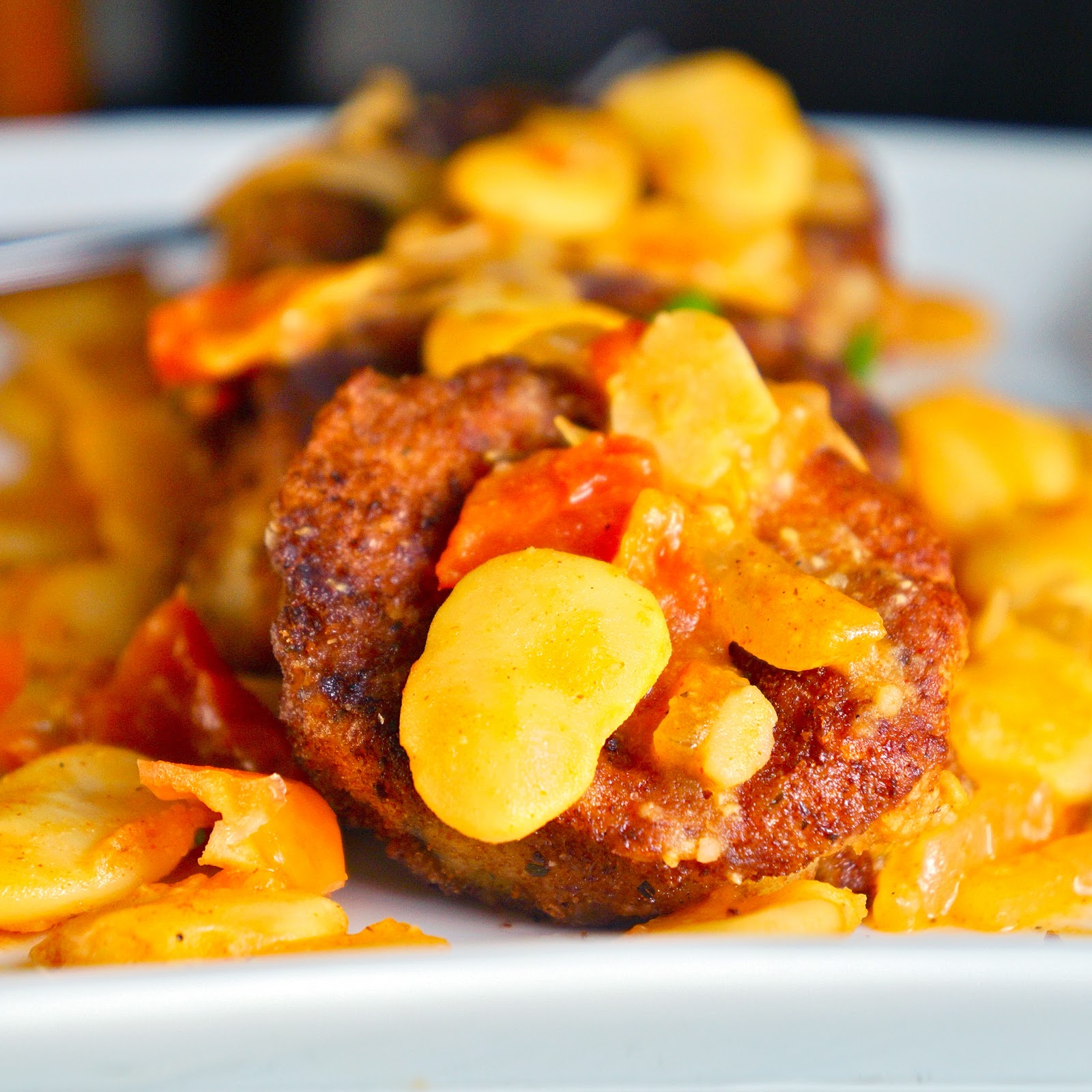 Fried eggplant with sauteed butter beans