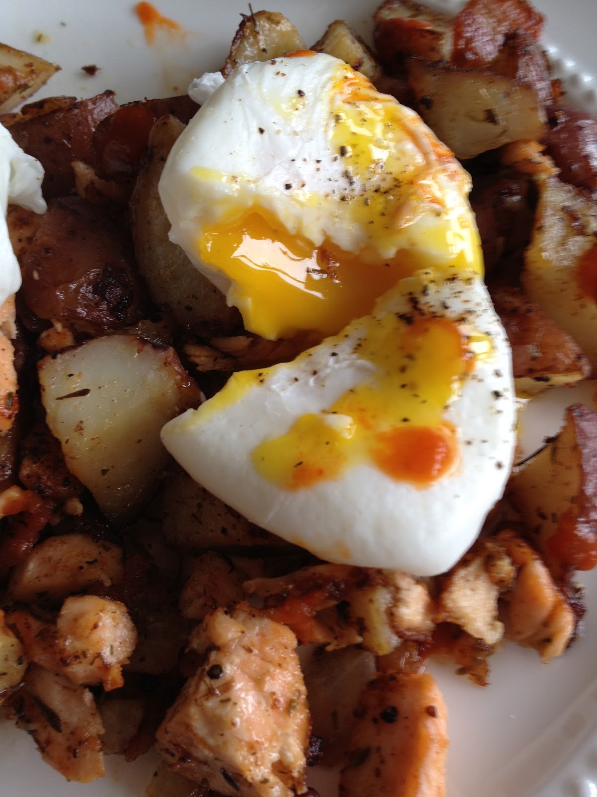 My gluttonous gluten free life. Potato Salmon Hash Topped with Poached