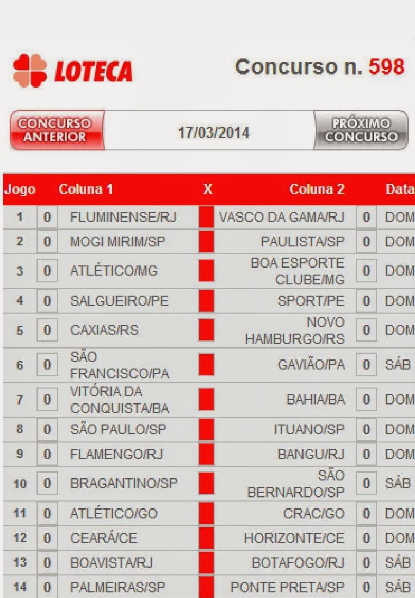 SUPERZEBRA ! LOTECA 598 GRADE DE JOGOS OFICIAL CEF