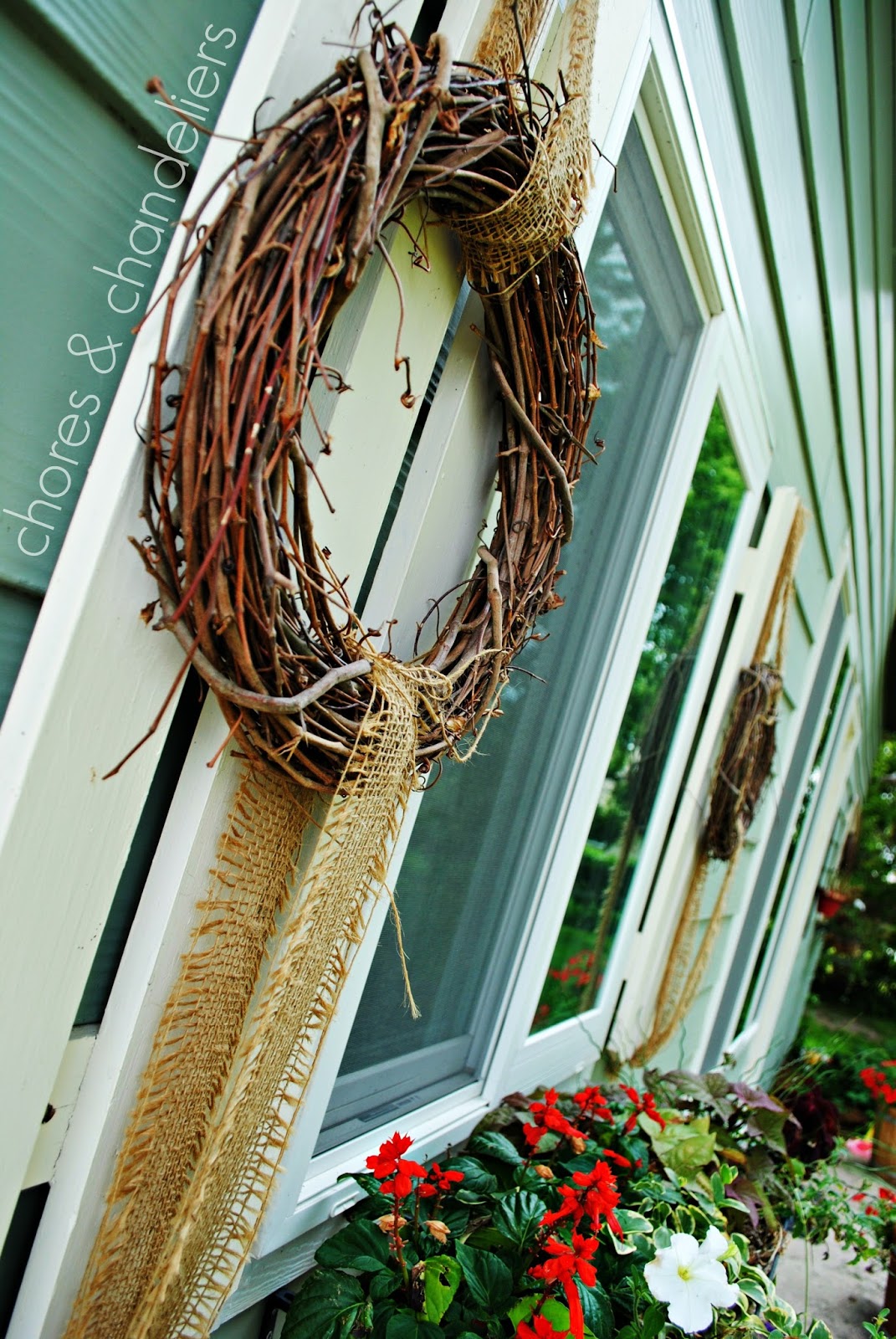 chores and chandeliers hang wreaths on your shutters