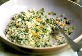 Green Herb Risotto with White Wine and Lemon: Light and fragrant vegetarian risotto of rice in a white wine and vegetable stock with herbs and lemon