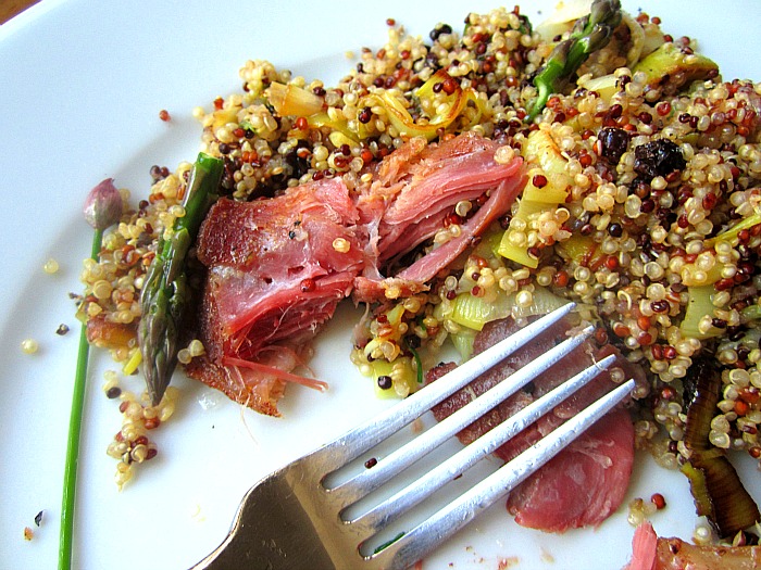 Duck Leg Confit on Quinoa w/ Roasted Leeks & Asparagus