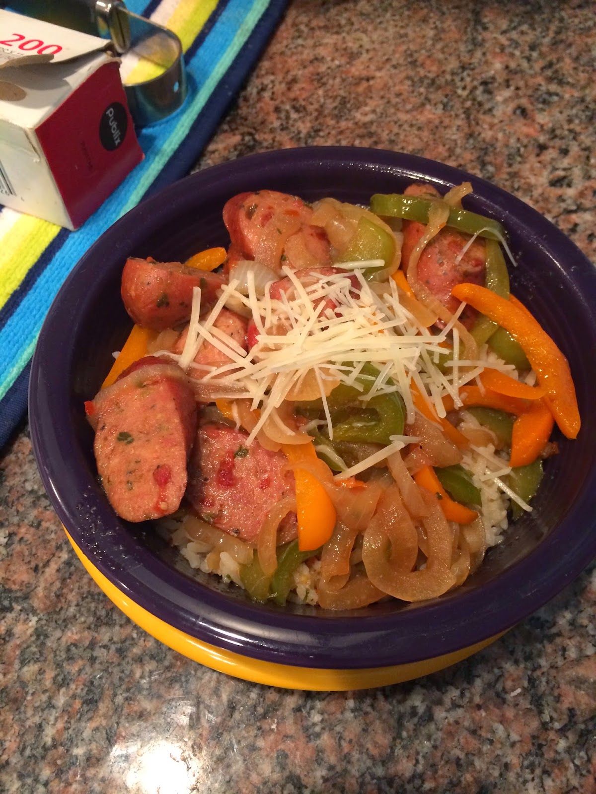 My Salty Kitchen Sausage, Peppers, and Onions Over Rice
