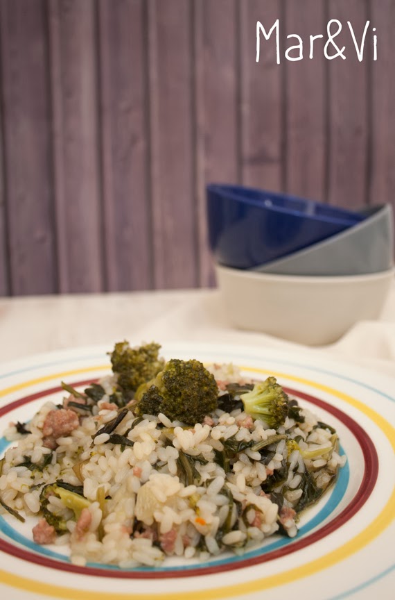 Receta de risotto de espinacas, broccoli y salchicha