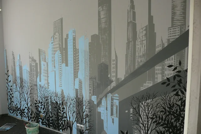 Mural przedstawiający panoramę miast, obraz abstrakcyjny, pejzaż miejscki