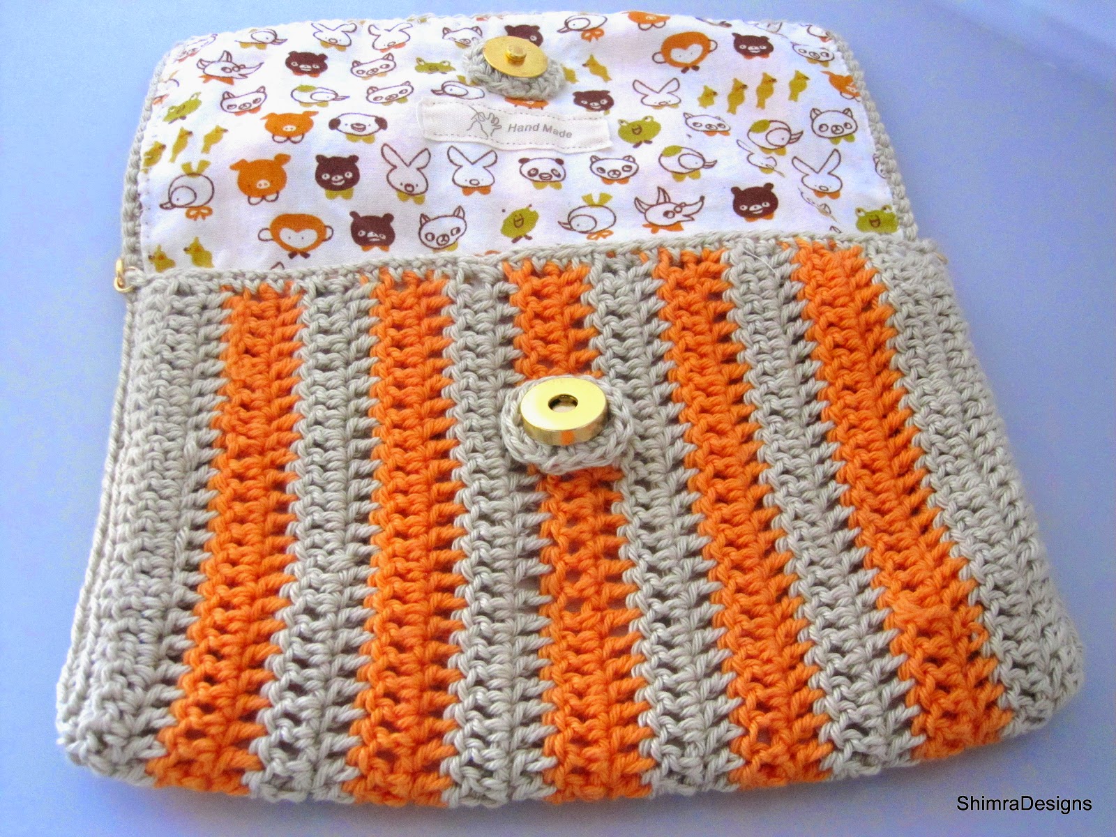Shimra Designs Done Crochet Bag with Orange Stripes and Gold Chain