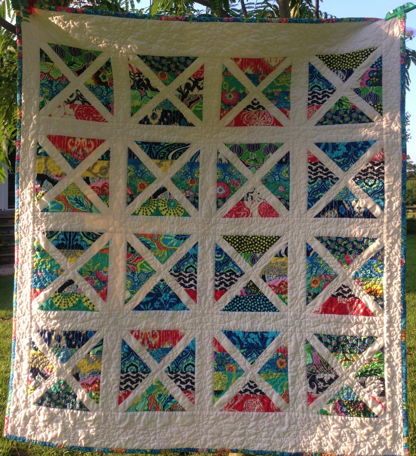 Quilty Sewing Pictures of finished Scrappy Garden Trellis Quilt