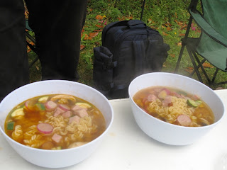 The finished product: two bowls of noodle soup