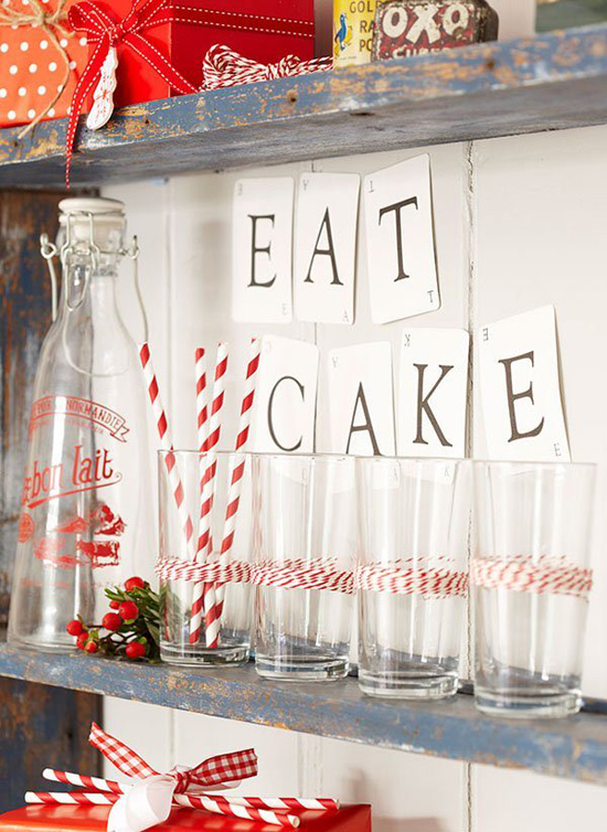 Wrap plain tumblers with red and white bakers twine for an easy to make instant holiday decor.