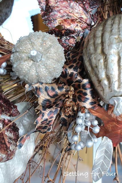 Metallics are perfect for Fall! Fall Metallic Wreath: easy decor to add curb appeal to your home for autumn! I also share a super EASY way how to hang a wreath on your front door! www.settingforfour.com