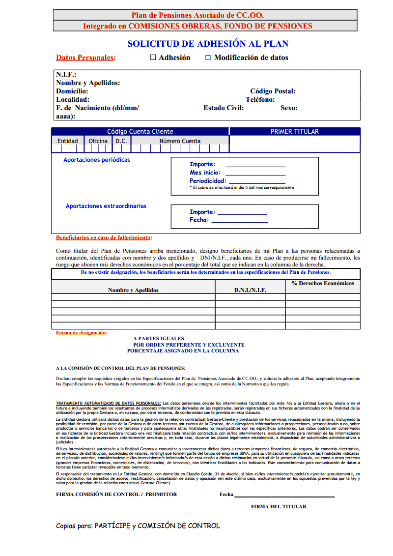 Adhesión al Plan de Pensiones de CCOO