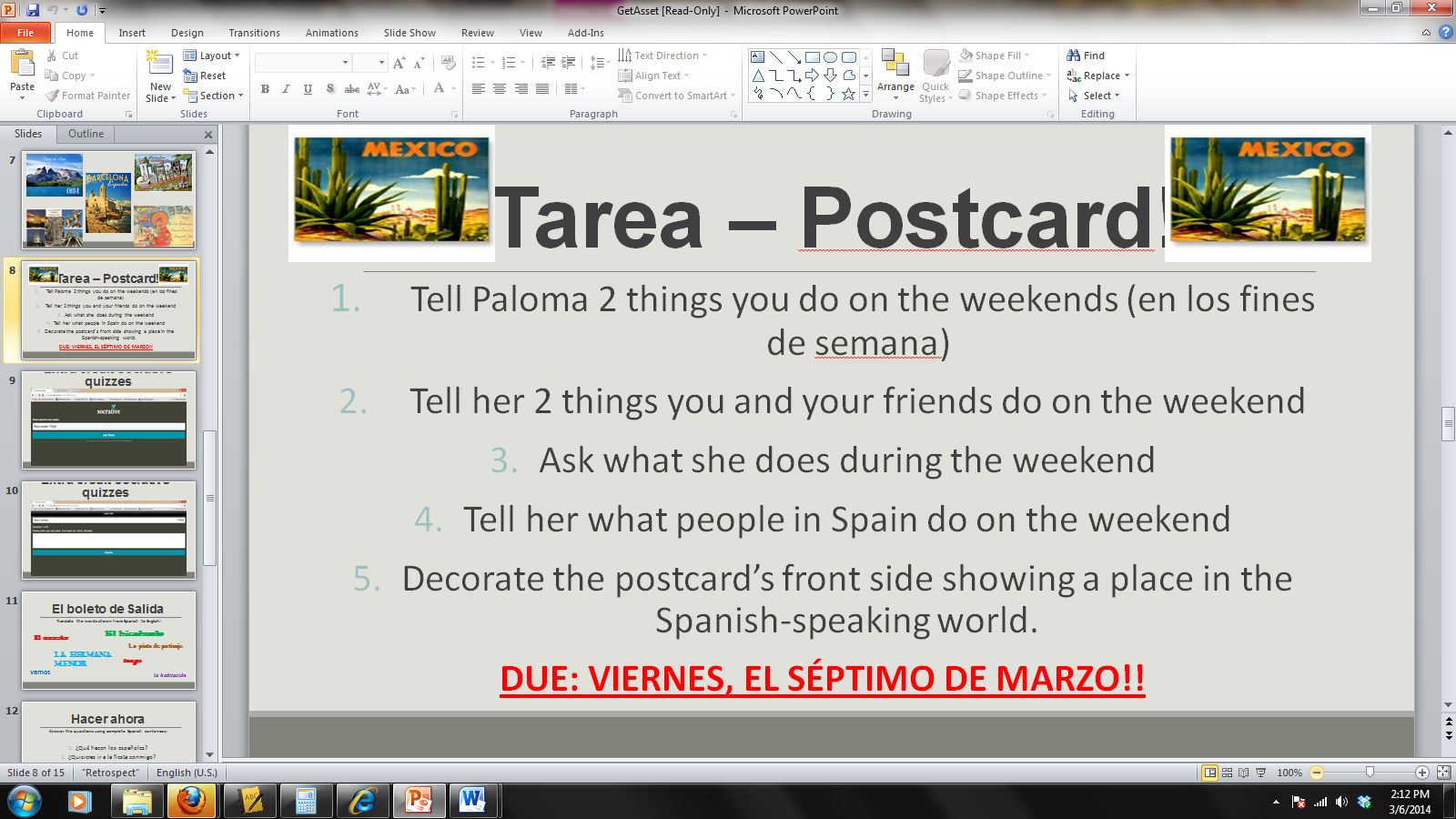 El Rincón Español Postcard Homework!