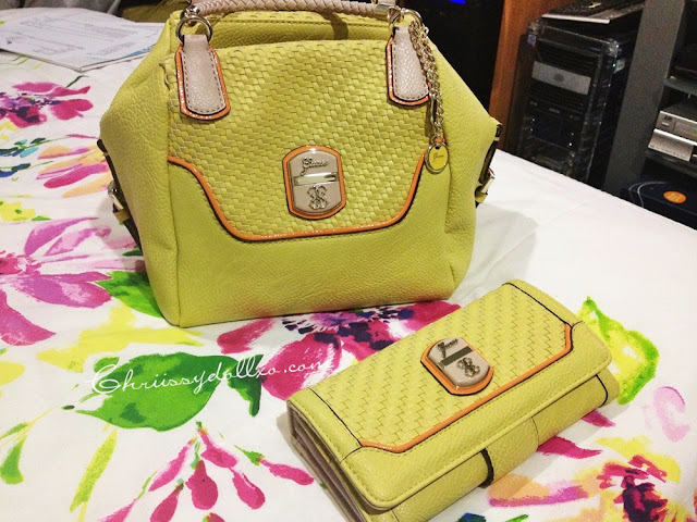 Guess Makala Satchel and Woven Organizer Clutch in Yellow