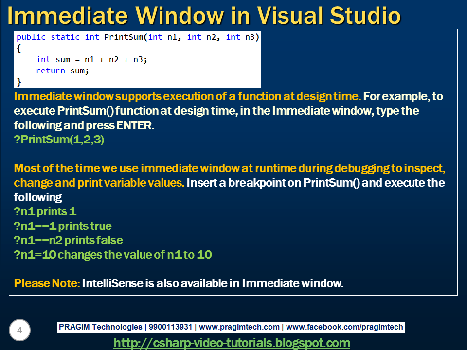 Sql server, and c video tutorial Part 5 Immediate window in