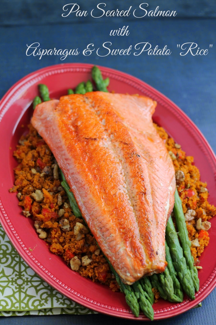 Frugal Foodie Mama Pan Seared Salmon with Asparagus & Sweet Potato "Rice"