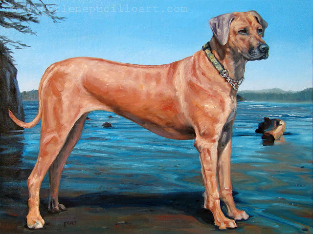 oiil painting portriat of Chica, posed standing at the beach