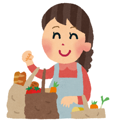 買い物のイラスト「野菜とパンを買う主婦」