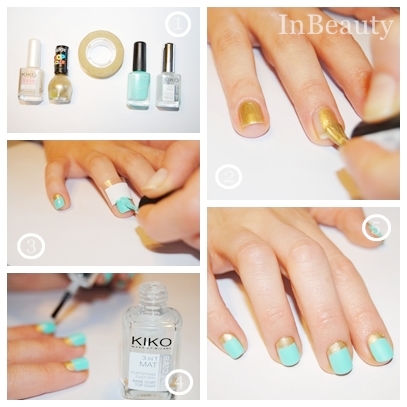 All you need is a base coat, a mat effect top coat, mint and gold nail polishes, and tape. Our base coat, top coat and mint nail polish are from Kiko,