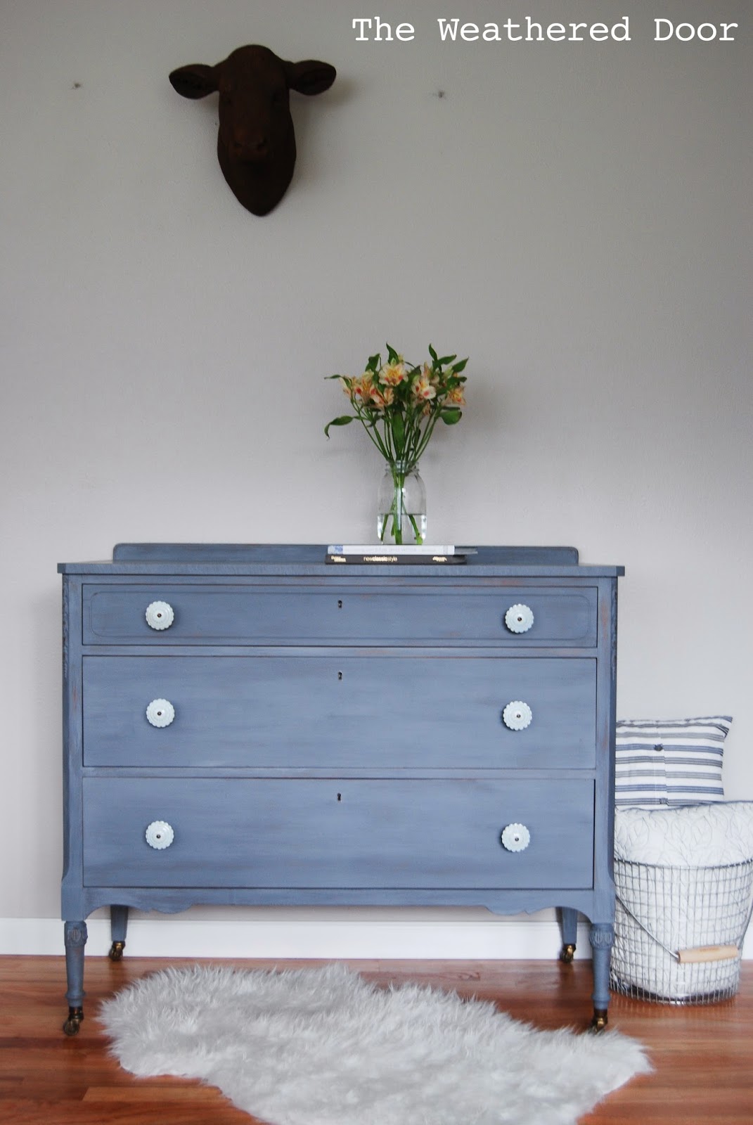 A Grey Blue Purple Dresser With Soft Blue Knobs The Weathered Door