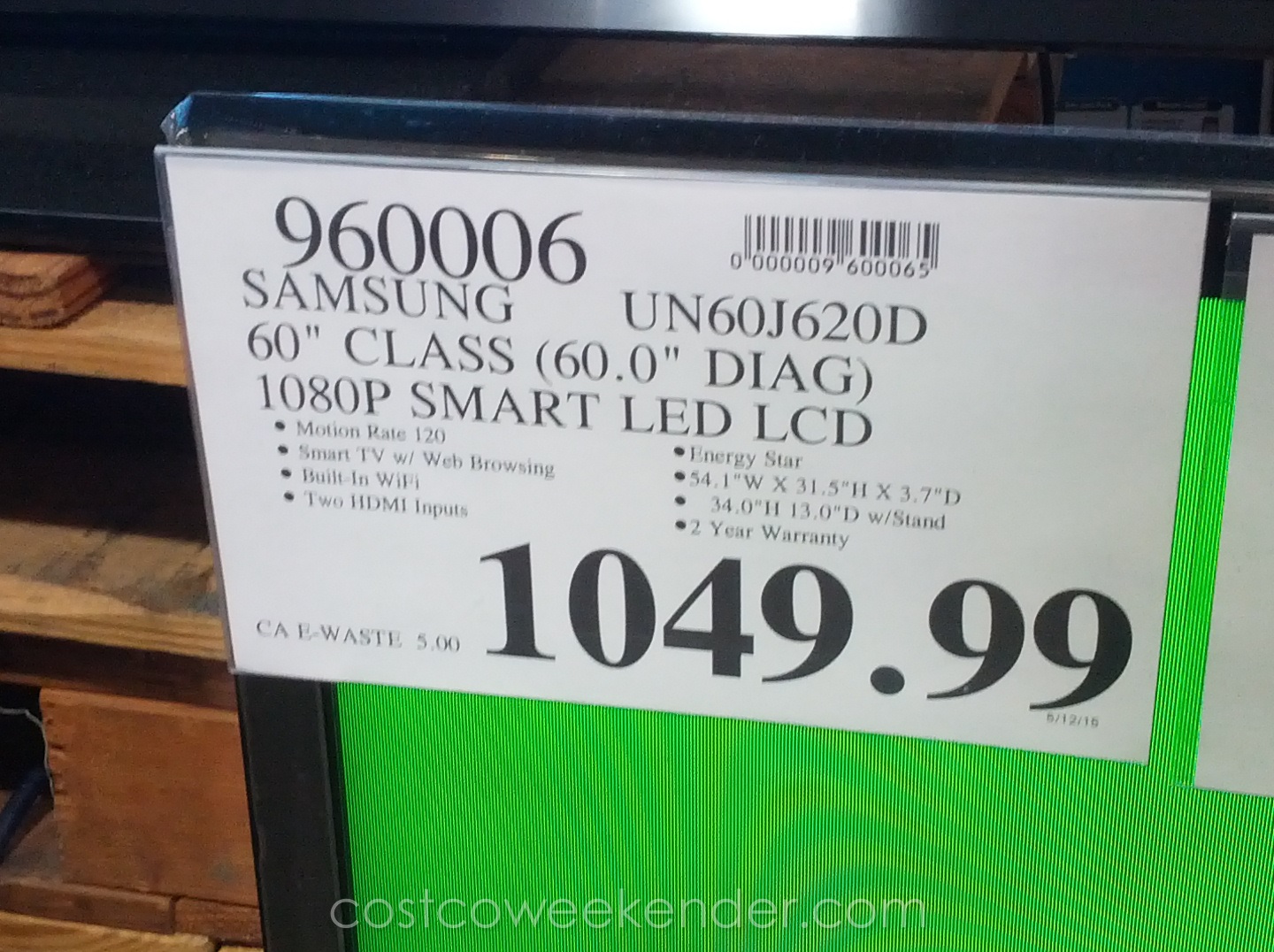 Samsung UN60J620DA 60" LED LCD HDTV Costco Weekender