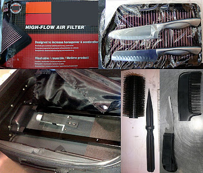 (L-R) Knives Concealed in Filter (IAH), Knife Concealed in Lining of Bag (PHL), Hair Brush Knife (LAX), Comb Knife (MCO)