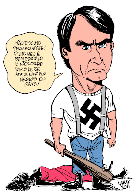 "I don't discuss promiscuity! A son of mine is well educated and has no risk of falling in love with niggers or gays!" Cartoon by Carlos Latuff, used with permission.