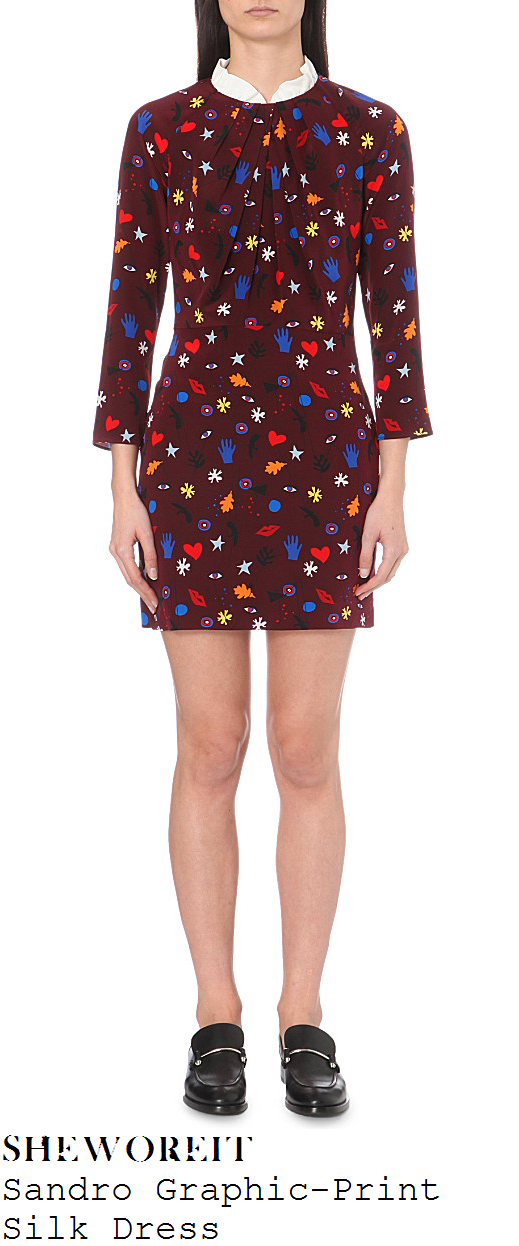 laura-whitmore-burgundy-brown-and-multicoloured-eye-heart-star-doodle-print-long-sleeve-collared-mini-dress