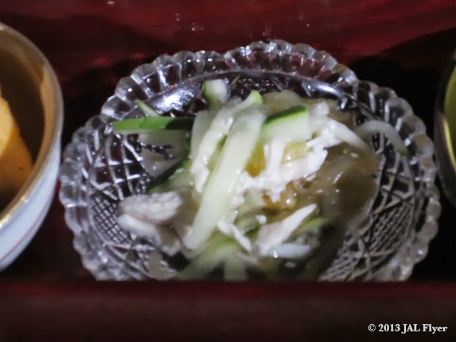 JAL First Class Japanese appetizer: thin-sliced cucumber, jellyfish & chicken in citrus vinegar sauce