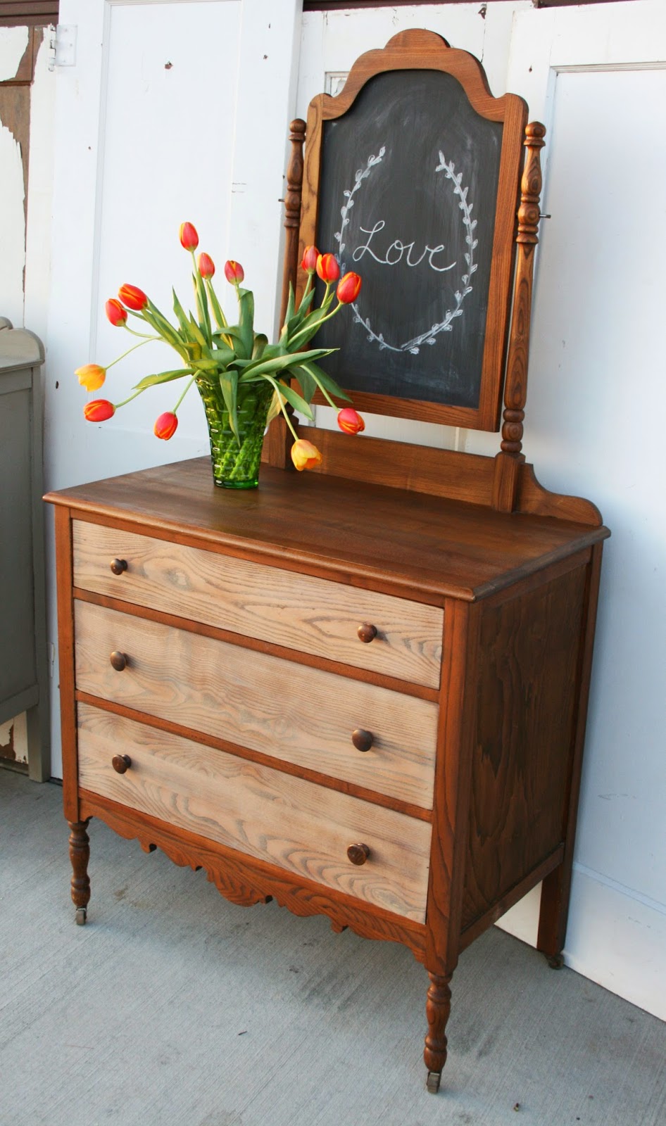 Antique Recreation TwoToned Stained Dresser with Mirror/Chalkboard