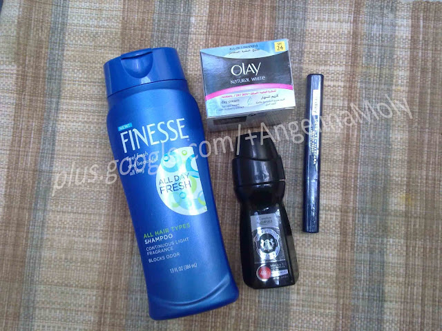 FINESSE day shampoo, OLAY spf 24 cream, Yardley water proof mascara, Creation Lamis perfumes 
