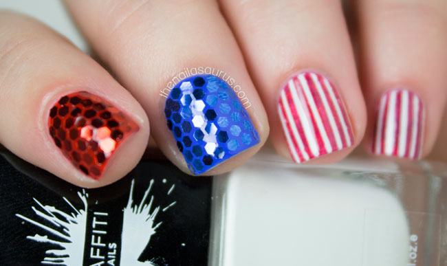 Stripes and rhinestones mani | Red white blue nail designs | Patriotic Memorial Day Nail Designs To Try Over the Long Weekend