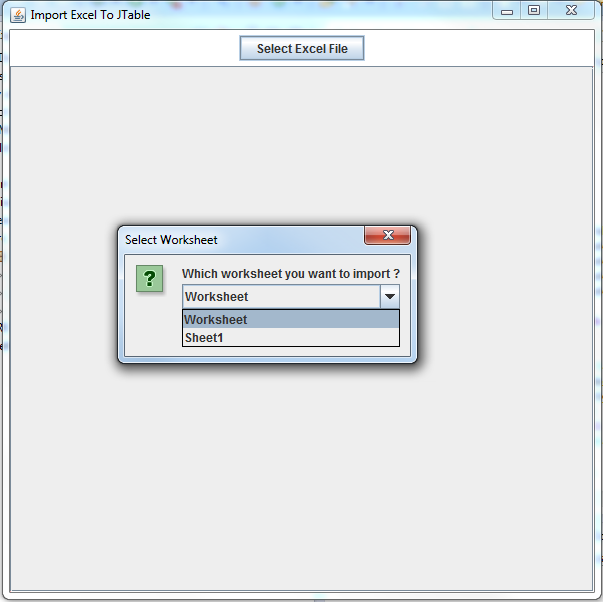استيراد المحتويات من مصنف Excel إلى المكون JTable SelectExcelSheet