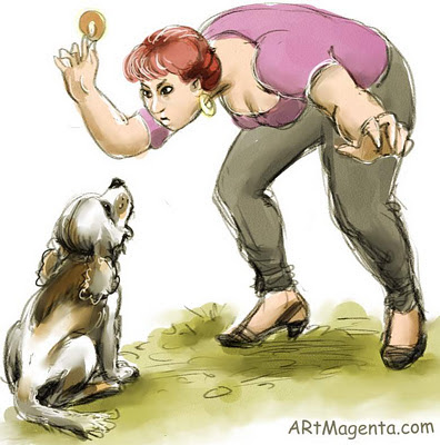 Dog training caricature drawing by digital artist and illustrator Artmagenta