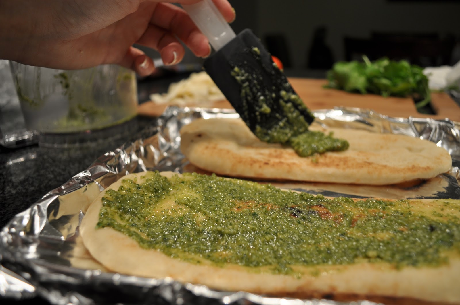 One Classy Dish Pesto, Tomato, Parmesan, & Arugula Flat Bread