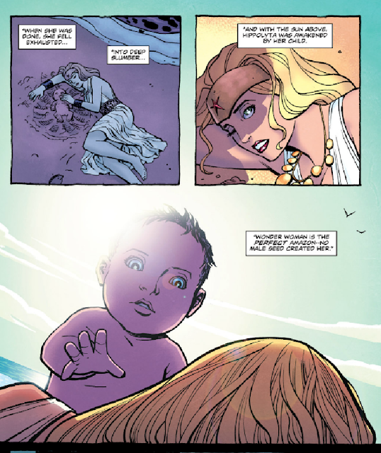 Images from Wonder Woman #2 (2011) by Brian Azzarello and Cliff Chiang depicting the traditional story of Diana's birth with a textual narrative: "When she was done, she fell exhausted...into deep slumber....And with the sun above, Hippolyta was awakened by her child. Wonder Woman is the perfect amazon -- no male seed created her."