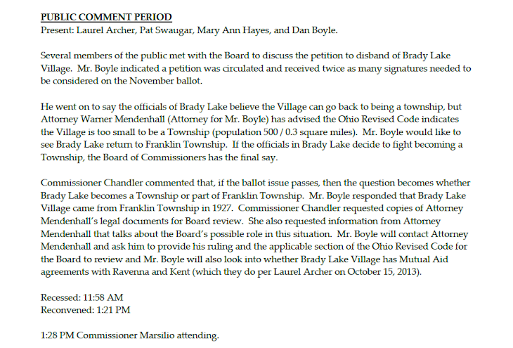 Minutes from the 10/10/13 Portage County Commissioner's Meeting about Brady Lake Village.