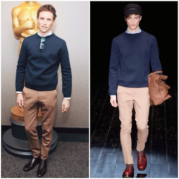 Eddie Redmayne wears Gucci Fall Winter 2014 navy knitwear and beige trousers to 'The Theory of Everything' Screening in NYC 21 October 2014